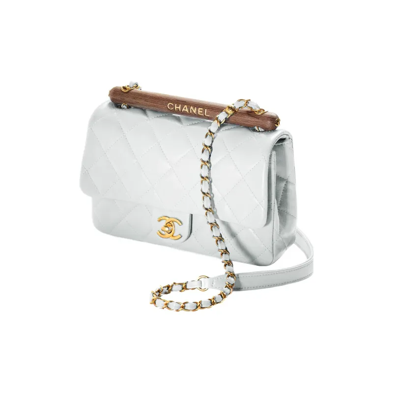 CHANEL Lambskin With Wooden Inlay Flap Bag, Crossbody Bag, Shoulder Bag Women's Light Gray Blue-1