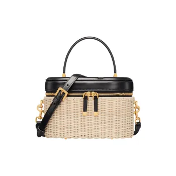 DIOR Wicker With Calfskin Shoulder Bag Crossbody Bag Handbag Makeup Bag Medium Size Women's Natural Color/Black