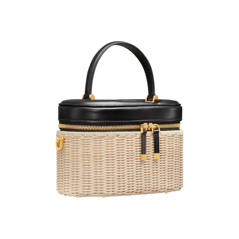 DIOR Wicker With Calfskin Shoulder Bag Crossbody Bag Handbag Makeup Bag Medium Size Women's Natural Color/Black-1