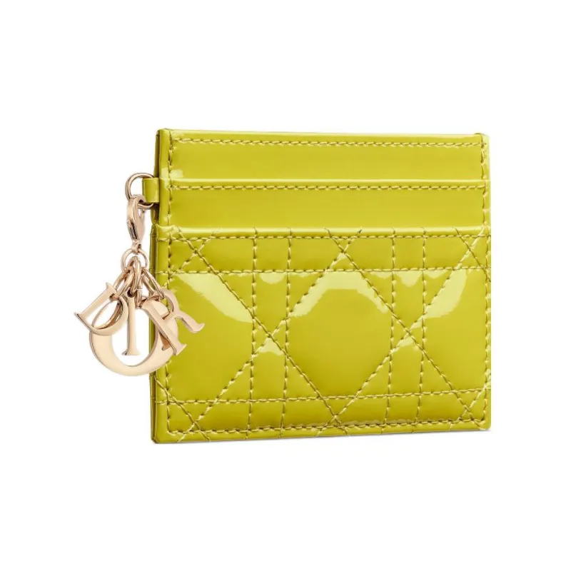 DIOR Lady Dior Patent Leather Calfskin Money Clip Card Holder Card Case Women's Lime Yellow-1