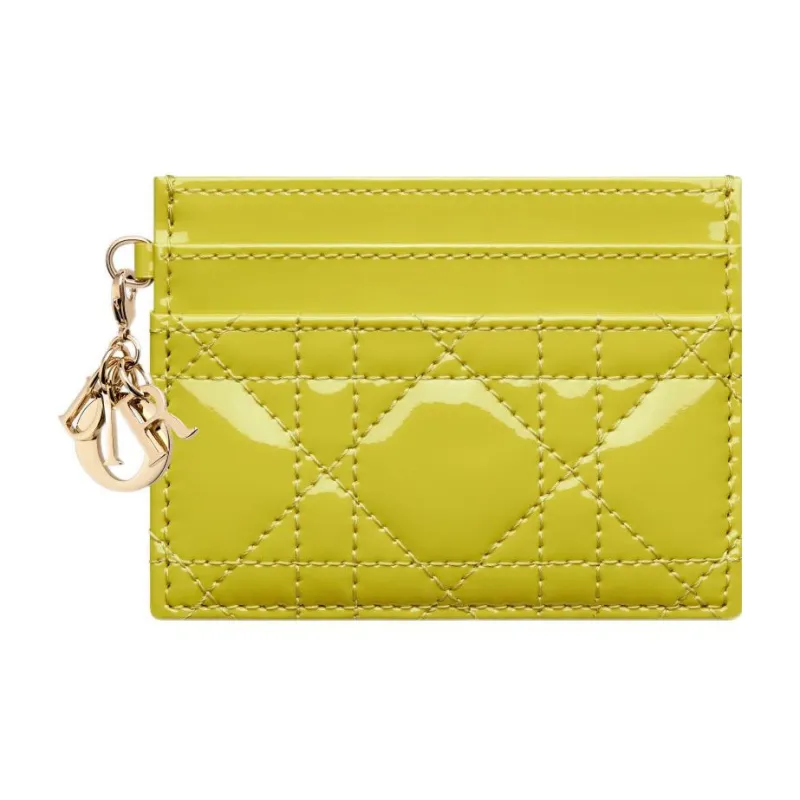 DIOR Lady Dior Patent Leather Calfskin Money Clip Card Holder Card Case Women's Lime Yellow-0