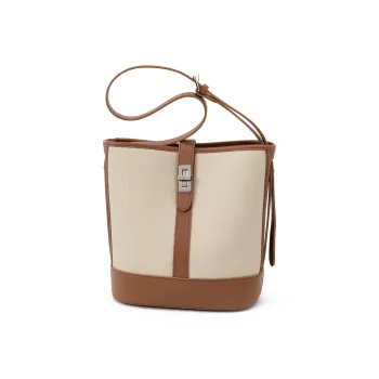 VENOF Cow Leather Bucket Bag, Shoulder Bag Medium Size Women's Beige/Brown