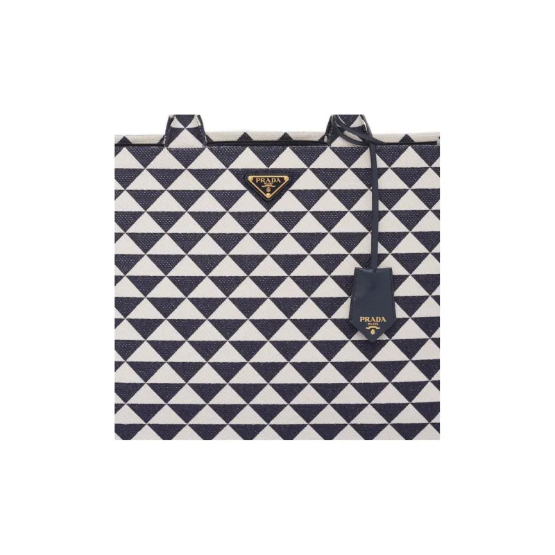 PRADA Symbol Fabric With Leather Tote Bag Shopping Bag Handbag Men's Blue/White-4