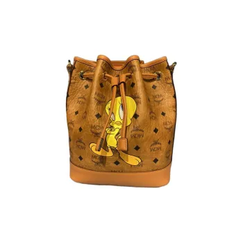 MCM Visetos Canvas With Leather Trim Bucket Bag Handbag Shoulder Bag Crossbody Bag Medium Size Women's Brown Cognac