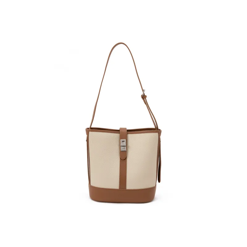 VENOF Cow Leather Bucket Bag, Shoulder Bag Medium Size Women's Beige/Brown-1