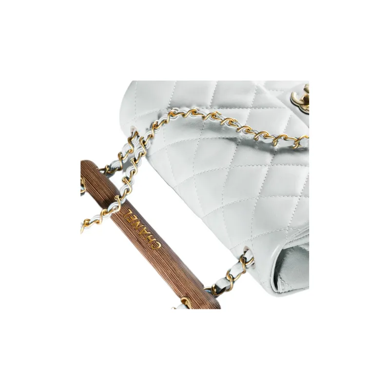 CHANEL Lambskin With Wooden Inlay Flap Bag, Crossbody Bag, Shoulder Bag Women's Light Gray Blue-2