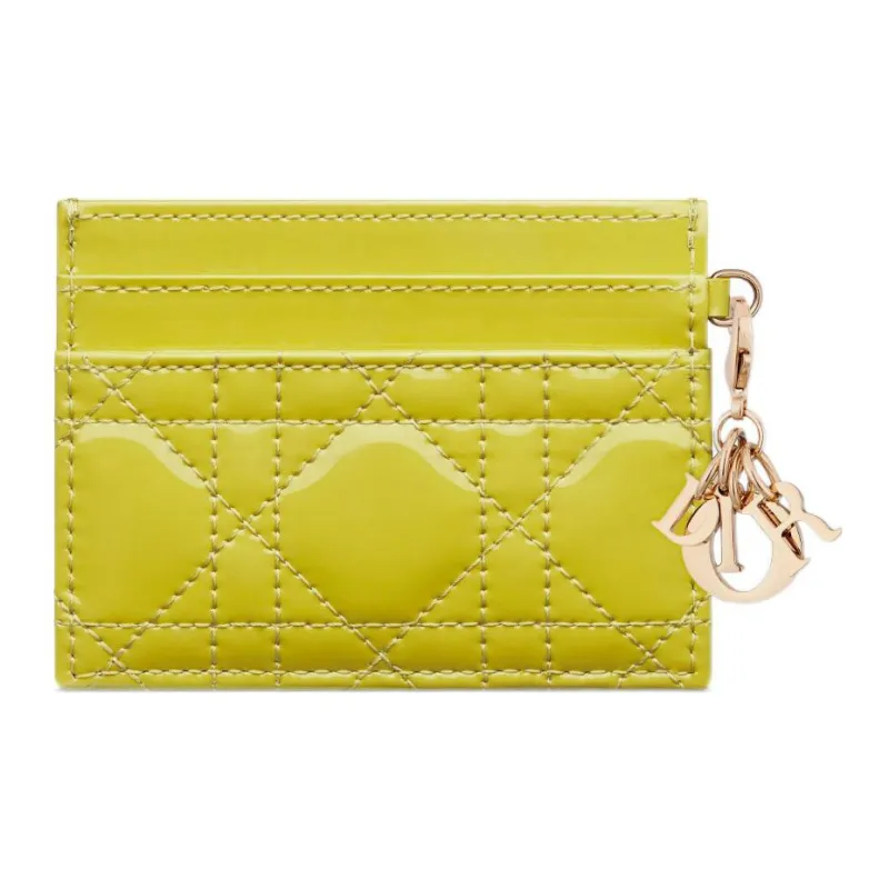 DIOR Lady Dior Patent Leather Calfskin Money Clip Card Holder Card Case Women's Lime Yellow-2