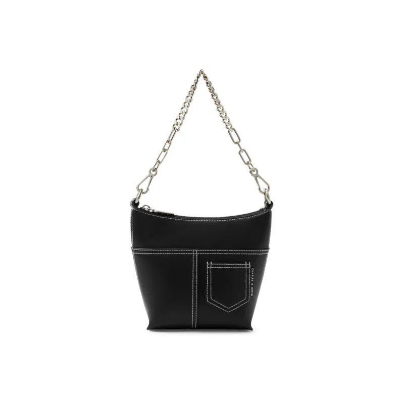 CHARLES&KEITH Fabric Underarm Bucket Bag, Shoulder Bag Trumpets Women's Beige/Black/Dark Denim Blue/Denim Blue-5