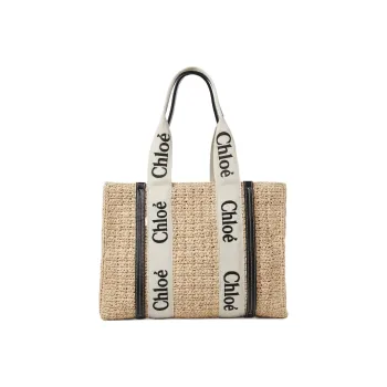 Chloe Woody Raffia With Calfskin Tote Bag Shopping Bag Shoulder Bag Handbag Medium Size Women's Sand