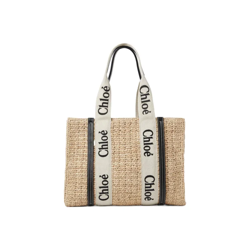 Chloe Woody Raffia With Calfskin Tote Bag Shopping Bag Shoulder Bag Handbag Medium Size Women's Sand-0