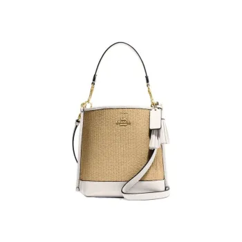 COACH Mollie Straw Woven Leather Bucket Bag Handbag Shoulder Bag Crossbody Bag Small Size Women's White