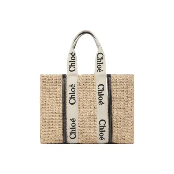 Chloe Woody Raffia With Calfskin Tote Bag Shopping Bag Shoulder Bag Handbag Large Size Women's Sand