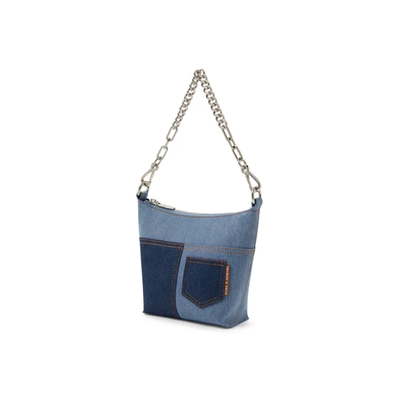 CHARLES&KEITH Fabric Underarm Bucket Bag, Shoulder Bag Trumpets Women's Beige/Black/Dark Denim Blue/Denim Blue-11