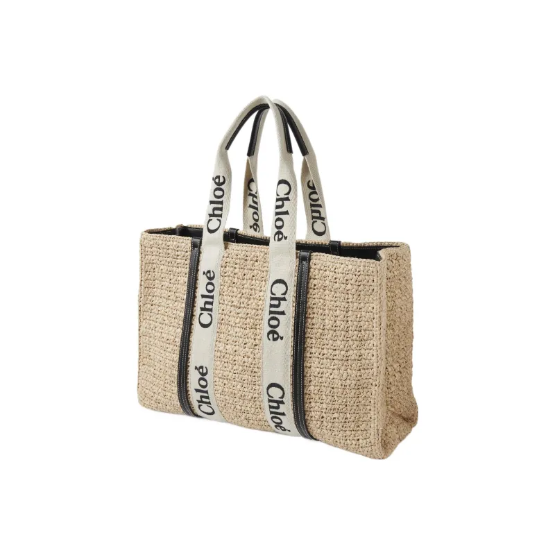 Chloe Woody Raffia With Calfskin Tote Bag Shopping Bag Shoulder Bag Handbag Large Size Women's Sand-1