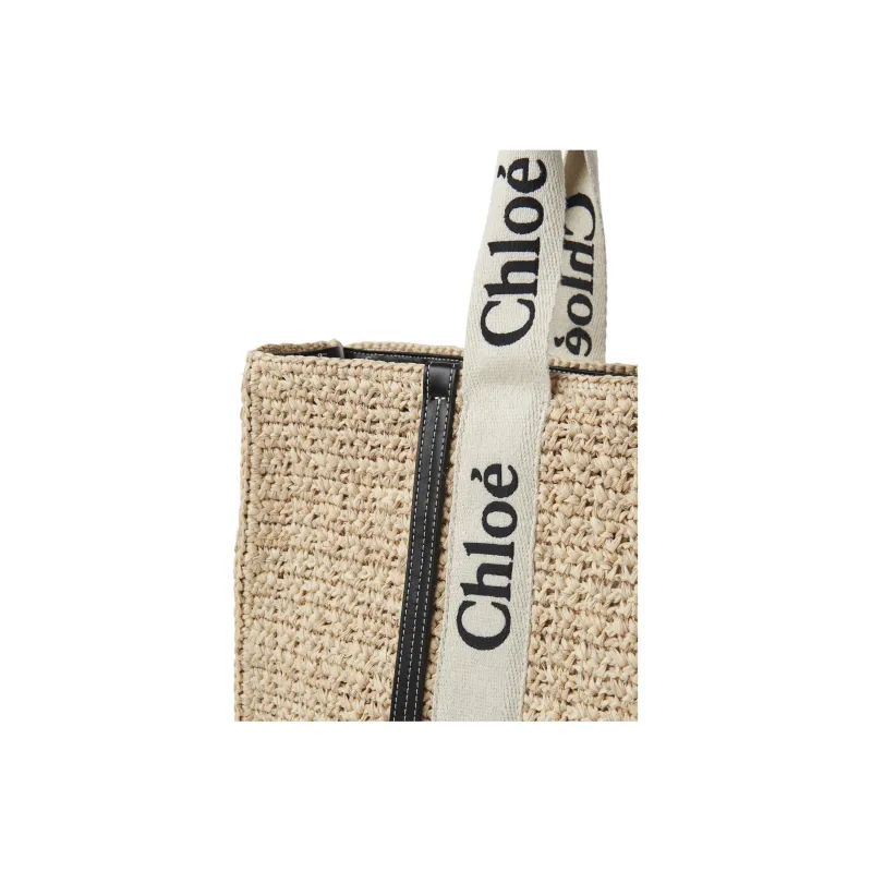 Chloe Woody Raffia With Calfskin Tote Bag Shopping Bag Shoulder Bag Handbag Large Size Women's Sand-3