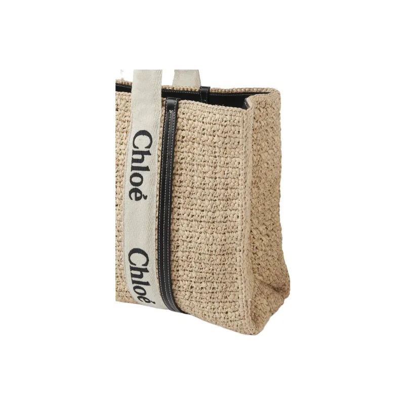 Chloe Woody Raffia With Calfskin Tote Bag Shopping Bag Shoulder Bag Handbag Medium Size Women's Sand-2