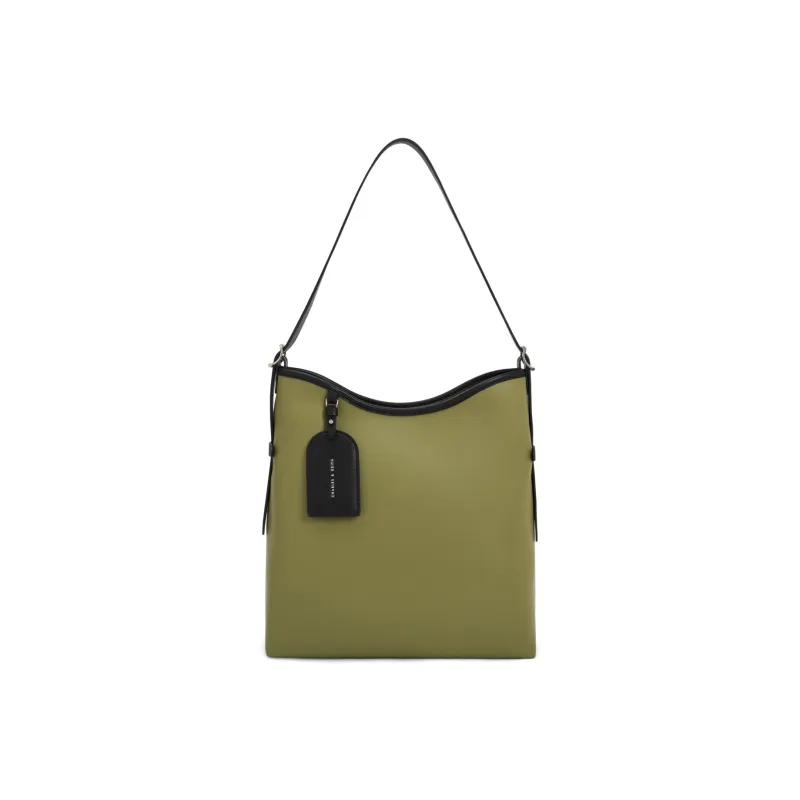 CHARLES&KEITH PU, Textile Tote Bag, Shopping Bag, Shoulder Bag Women's Black/Grey Gray/Olive Green-8