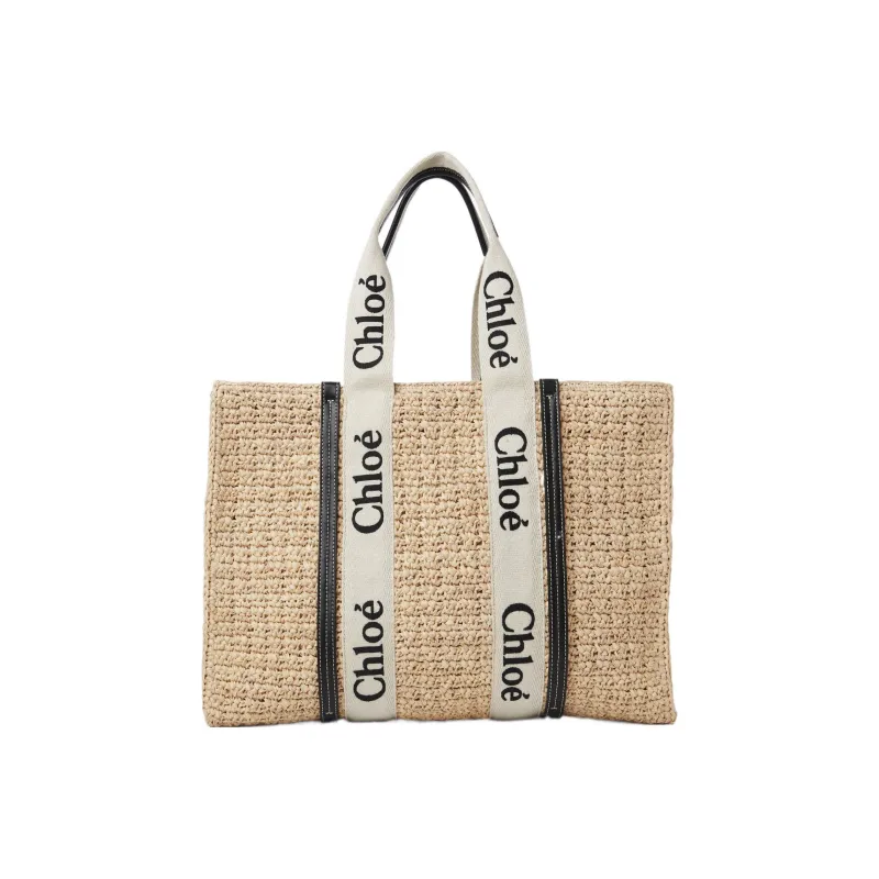 Chloe Woody Raffia With Calfskin Tote Bag Shopping Bag Shoulder Bag Handbag Large Size Women's Sand-2