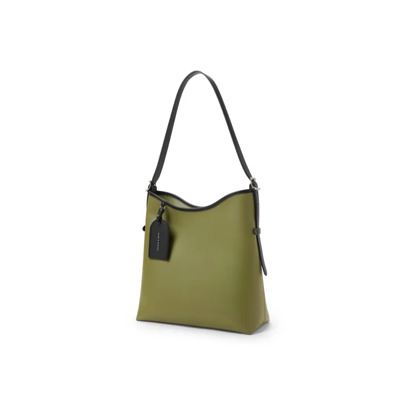 CHARLES&KEITH PU, Textile Tote Bag, Shopping Bag, Shoulder Bag Women's Black/Grey Gray/Olive Green-10