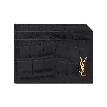 SAINT LAURENT Matte Crocodile Pattern Embossed Leather Card Clip Card Holder Men's Black
