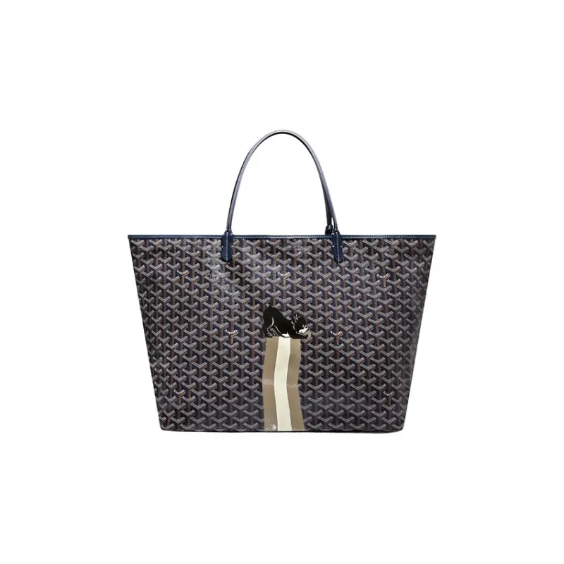 GOYARD Saint Louis Canvas With Calfskin Combo Bag Tote One Shoulder Handbag Large Size Unisex Marine Blue-0