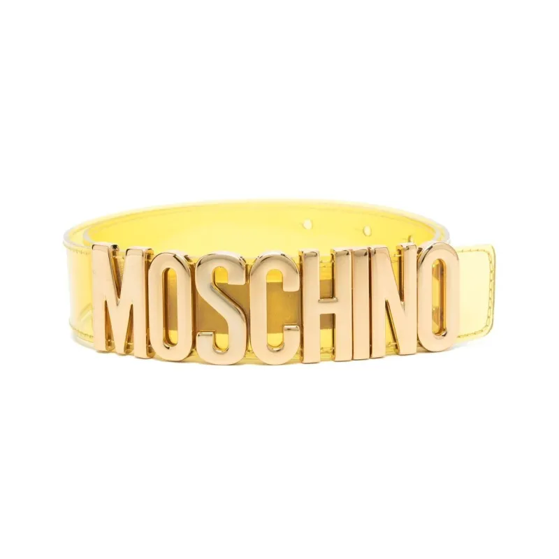 MOSCHINO Logo Letter Plaque Smooth Buckle PVC Leather Belts Women's Yellow 3.5cm-0