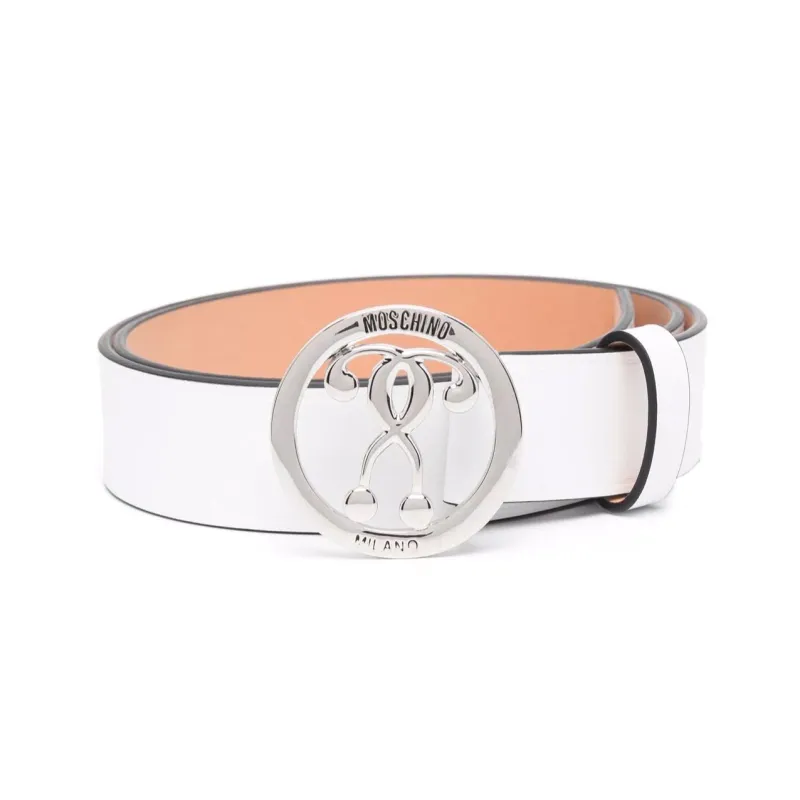 MOSCHINO Letter Carving Smooth Buckle Calfskin Leather Belts Men's White-0