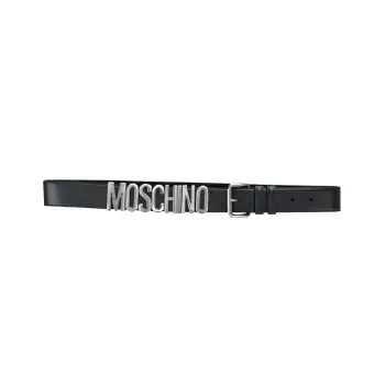 MOSCHINO Logo Plaque Smooth Buckle Calfskin Leather Belts Men's Black