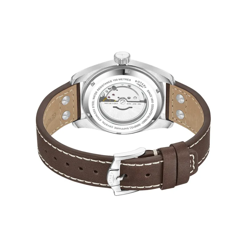 ROTARY Wrist Watch Mechanical Movement Leather Strap 42mm White Dial Men's Watches-2