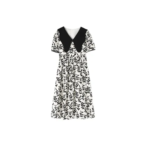 HUULOB Short-Sleeved Dresses Women's White Background With Black Flowers