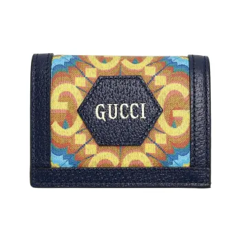 GUCCI Cow Leather Wallet, Card Holder Women's Black/Orange/Blue