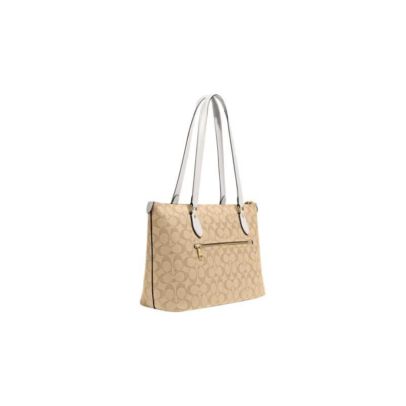 COACH Zip Top Tote Coated Canvas With Leather Tote Bag Shopping Bag Handbag Shoulder Bag Women's Khaki White Multicolor-3