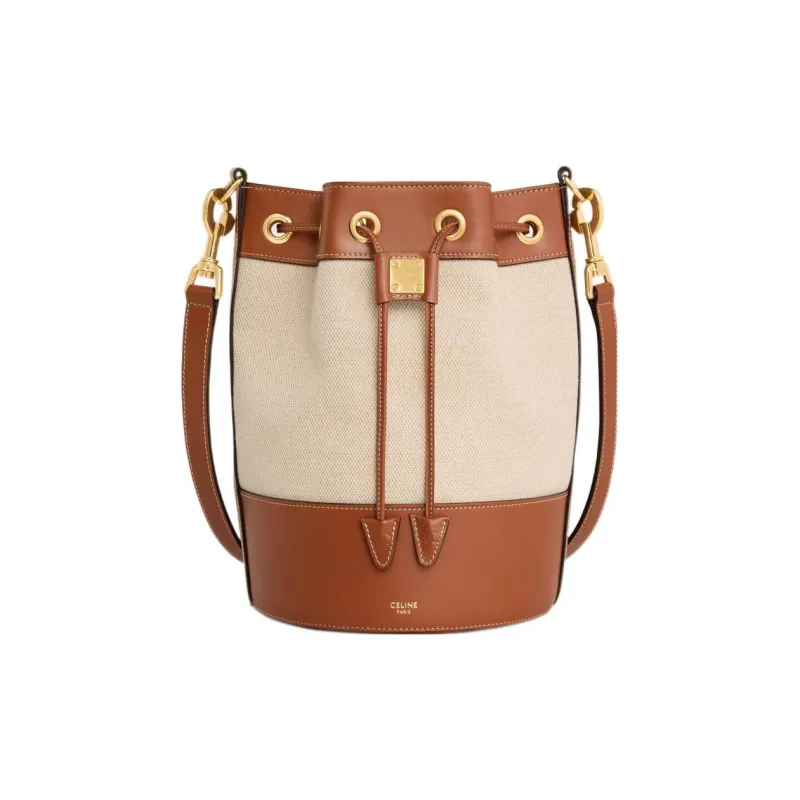 CELINE Cabas Fabric With Cow Leather Bucket Bag, Shoulder Bag, Crossbody Bag Trumpets Women's Natural Color/Tan-0
