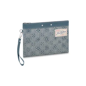 LOUIS VUITTON Pochette To Go Canvas Cow Leather Patchwork Canvas Bag Clutches Men's Denim Blue