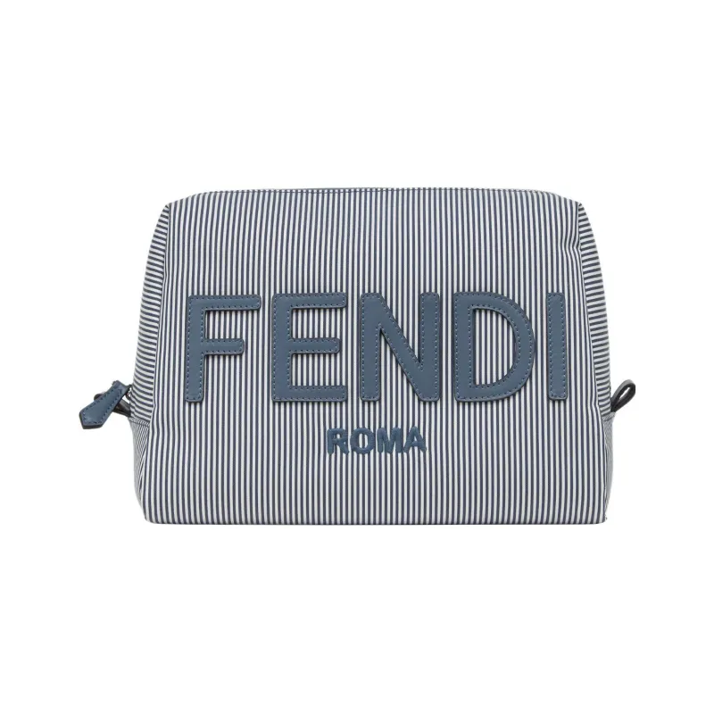 FENDI Leather Toiletry Bag Makeup Bag Medium Size Women's Blue/White-0