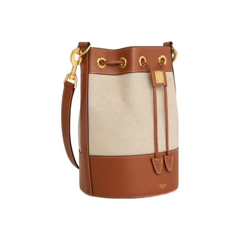 CELINE Cabas Fabric With Cow Leather Bucket Bag, Shoulder Bag, Crossbody Bag Trumpets Women's Natural Color/Tan-1