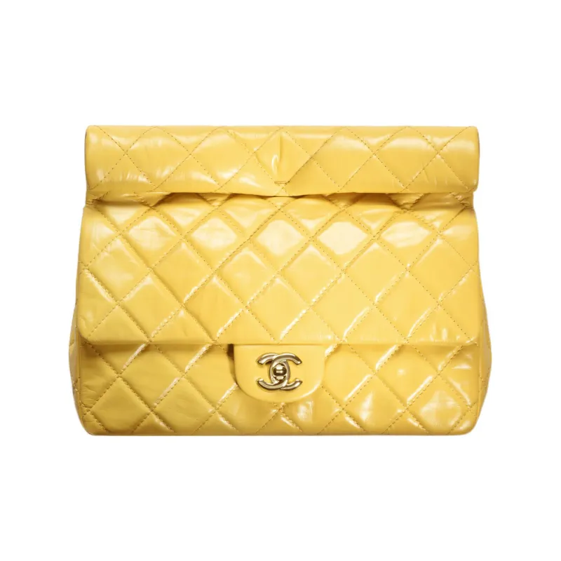 CHANEL Crushed Cow Leather Flap Evening Bag Clutch Women's Yellow-0