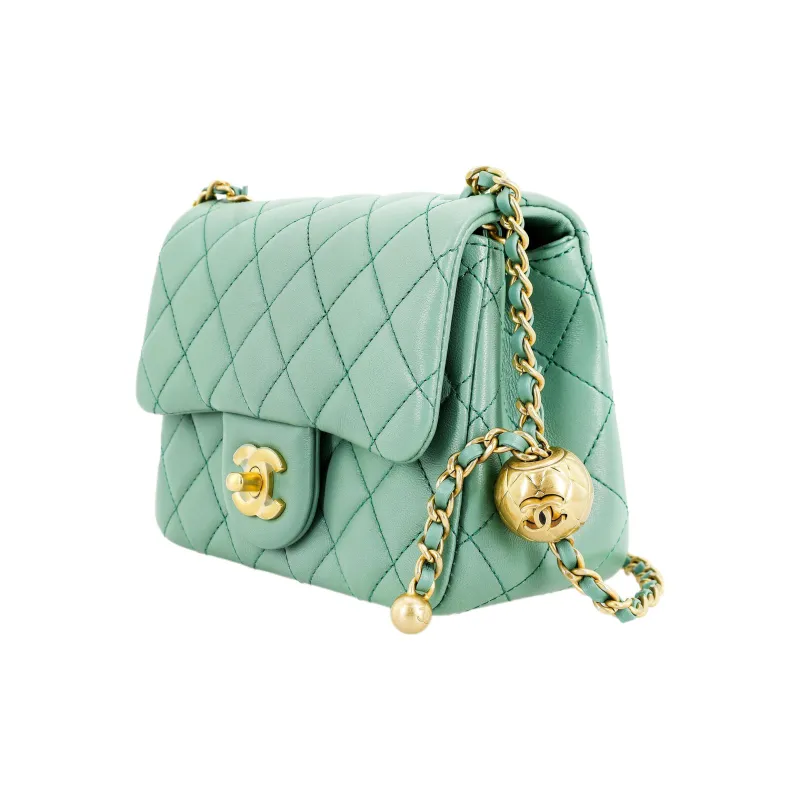 CHANEL Lambskin Golden Ball Bag, Chain Bag, Shoulder Bag, Crossbody Bag Women's Blue Green/Peacock Green Color-1