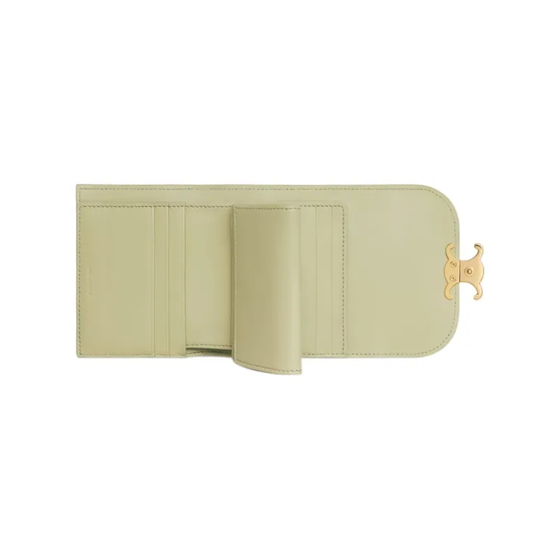 CELINE Triomphe Shiny Cow Leather Wallet Small Size Women's Almond Green-3