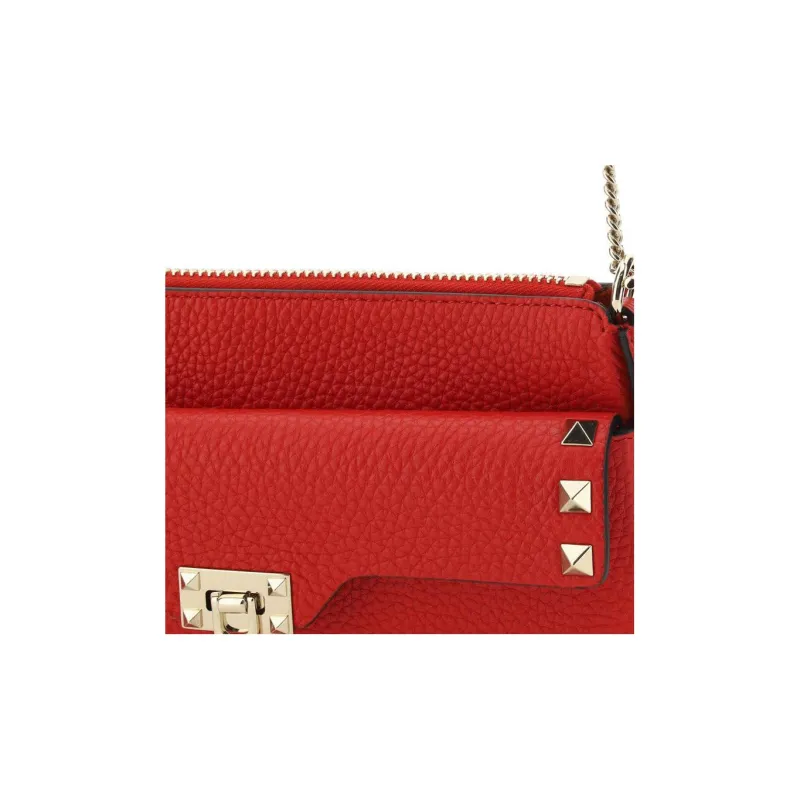 Valentino Rockstud Calfskin One Shoulder Crossbody Clutches Women's Red-5