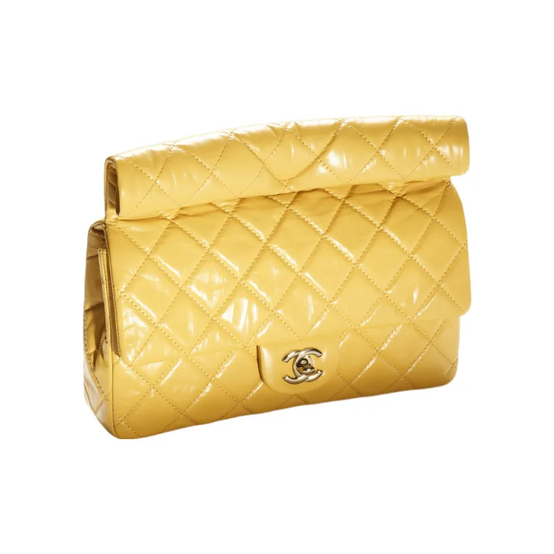 CHANEL Crushed Cow Leather Flap Evening Bag Clutch Women's Yellow-1