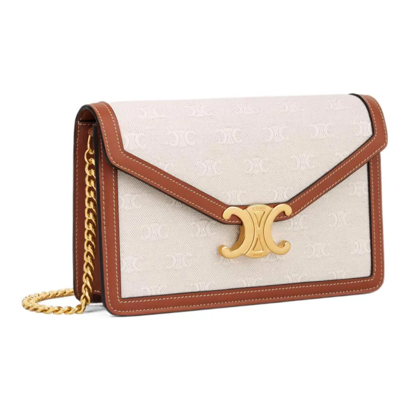 CELINE Triomphe Fabric Cow Leather Patchwork Wallet Women's Natural Color/Tan-1