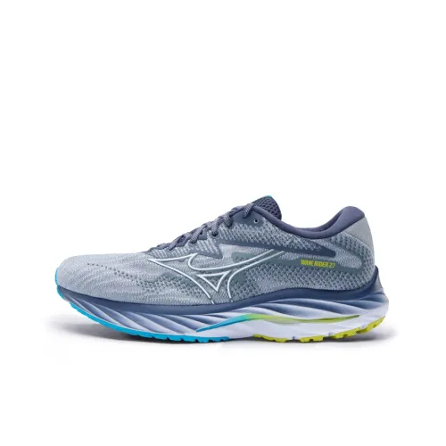 Mizuno Wave Rider 27 Running Shoes Men Low-Top Blue Gray/White/Neon Yellow