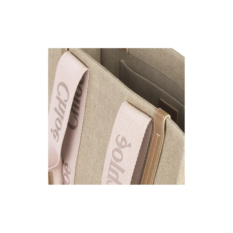 Chloe Woody Linen Canvas With Calfskin Canvas Bag Tote Bag Shopping Bag Shoulder Bag Handbag Regular Women's Pink/Beige-4