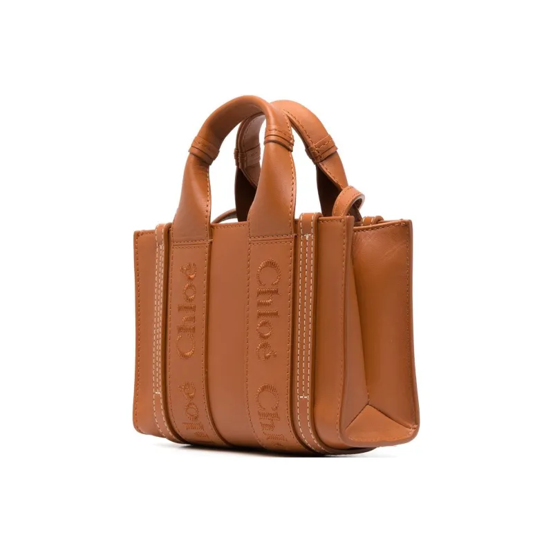 Chloe Woody Smooth Calf Leather Tote Bag Shopping Bag Shoulder Bag Crossbody Bag Handbag Mini Women's Brown-2