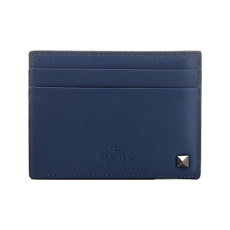 Valentino Rockstud Calfskin Card Holder Men's Blue-2