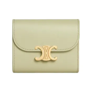 CELINE Triomphe Shiny Cow Leather Wallet Small Size Women's Almond Green