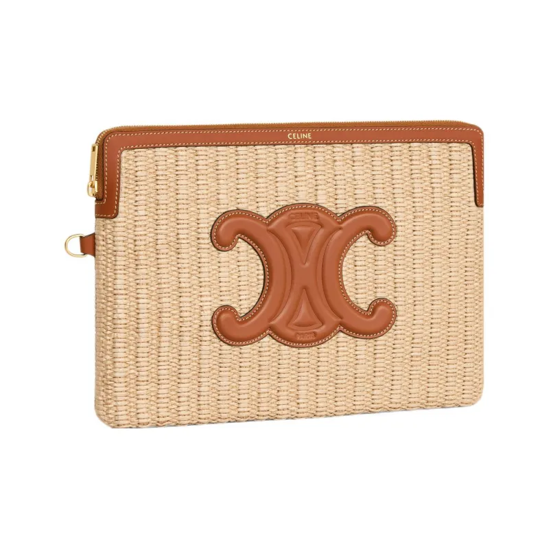 CELINE Fabric With Cow Leather Clutch Small Size Women's Natural/Brown-2