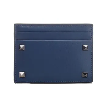 Valentino Rockstud Calfskin Card Holder Men's Blue