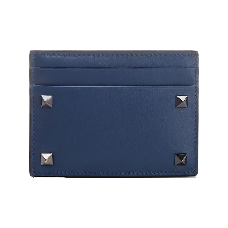 Valentino Rockstud Calfskin Card Holder Men's Blue-0